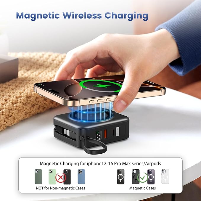 for Magsafe Portable Charger with AC Wall Plug, 6-in-1 Magnetic Wireless Power Bank 10000mAh Built-in Cables, 22.5W Type-C in&Out Fast Charging Battery Pack for iPhone 16/15/14/13/12 Series, Black
