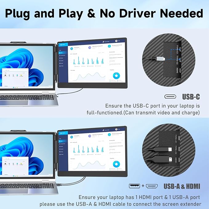 KEFEYA Laptop Screen Extender, 14" Portable Monitor for Laptops 13-17", 1080P FHD IPS Monitor Extender for Laptop with USB-C/HDMI Port, Plug n Play for Windows/Chrome/Mac/Switch/PS5
