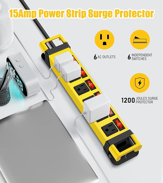 Heavy Duty Power Strip,6 Outlets Metal Power Strip with Individual Switch & Cord Management,Mountable Surge Protector 1200J,6FT Extension Cord(Yellow,6 FT)