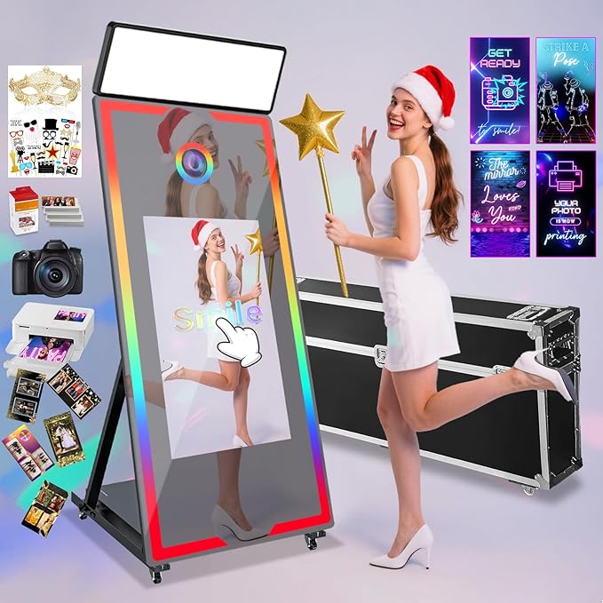 Mirror Photo Booth with Camera and Printer, 65" Magic Mirror Photo Booth, 32" Touch Screen Built-in Mini PC with Instant Print and Sharing, Music Sync Control RGB Light (Black, 65-32" Full Set)