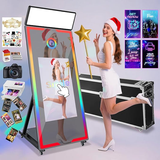 Mirror Photo Booth with Camera and Printer, 65" Magic Mirror Photo Booth, 32" Touch Screen Built-in Mini PC with Instant Print and Sharing, Music Sync Control RGB Light (Black, 65-32" Full Set)