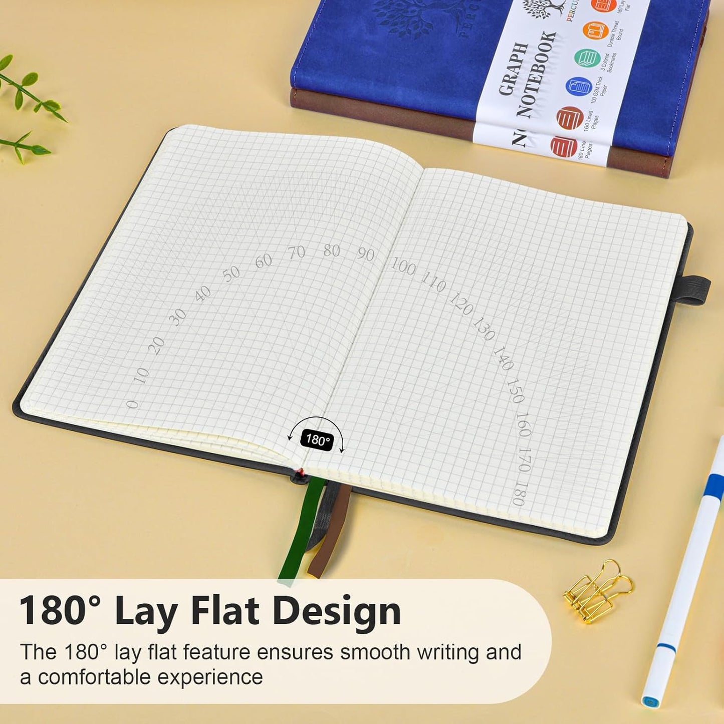 PERCUN Graph Paper Notebook, 160 Pages Grid Journal for women & men, A5 Hardcover Leather Graphing Notebook for School, Work, Travel, Note Taking 5.9”x8.5” (Black)