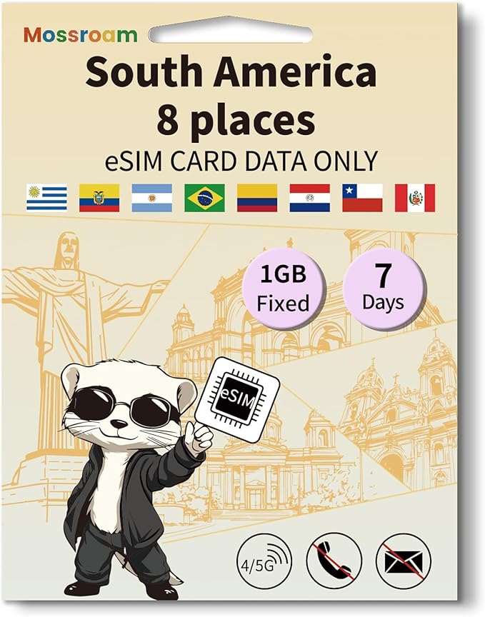 eSIM for 8 Countries in South America Trave Internationa Travel,4/5G LTE Prepaid 7 Days Plan,1GB Daily Data Only