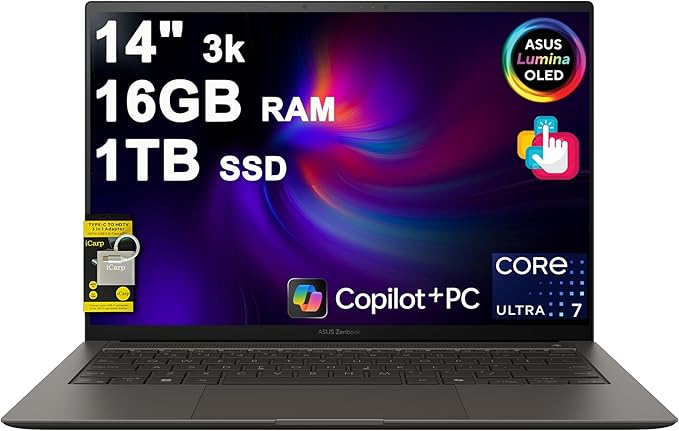 ASUS Zenbook S14 Laptop 14" 3k OLED 120Hz Touch (500nits HDR, 100% DCI-P3) Intel 8-core Ultra 7 256V (Up to 47 Tops) 16GB DDR5 1TB SSD for Designer Business Professional Win11 ICP Hub w/Copilot+ AI