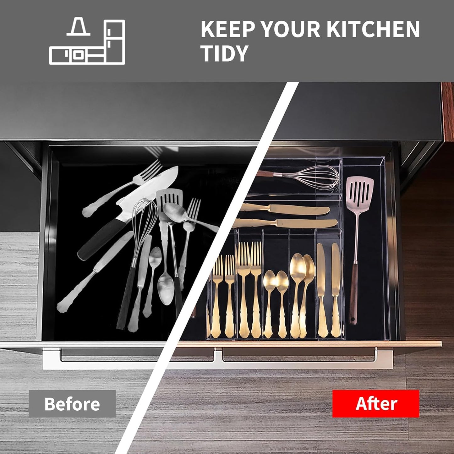 Clear Acrylic Drawer Organizer for Kitchen Utensils and Flatware, Adjustable Silverware Tray with 9 Compartments for Drawers, Office, and Bathroom Storage