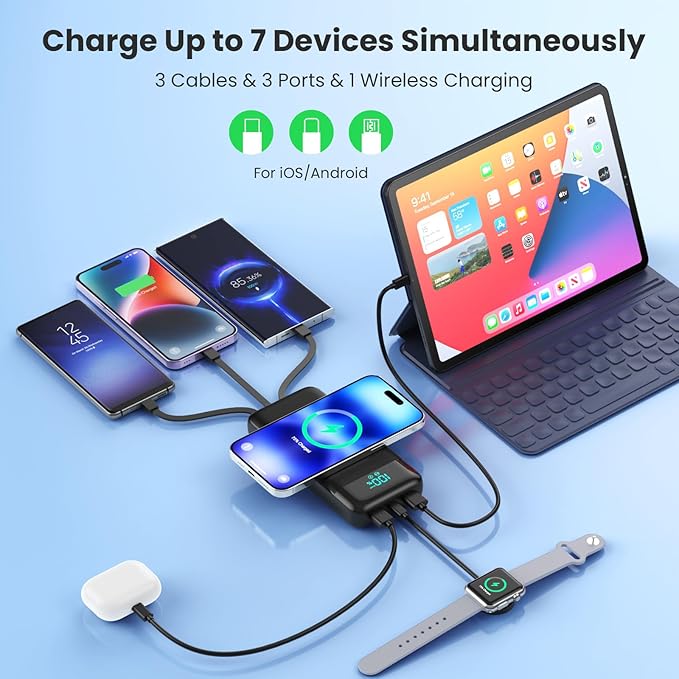 Wireless Portable Charger 40,800mAh with 3 Built-in Cables,15W Wireless Charging 25W PD QC4.0 Fast Charging USB-C Power Bank,7 Outputs LCD Display Battery Pack for iPhone 16/15/14/13/12,Android etc