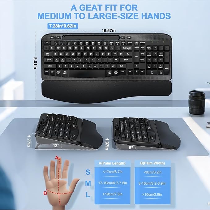 Ergonomic Wireless Keyboard with Cushioned Wrist Rest, Wave Keys, Phone Holder, Comfortable Natural Typing, 2.4GHz Full Size Cordless USB Computer Keyboard for Laptop, Mac, Windows (Black)