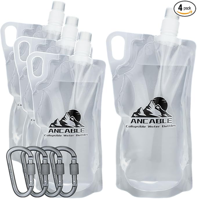 1L Hiking Collapsible Water Bottles, 4-Pack 33OZ BPA-Free Foldable Backpacking Water Bottle for Travel Camping Hiking