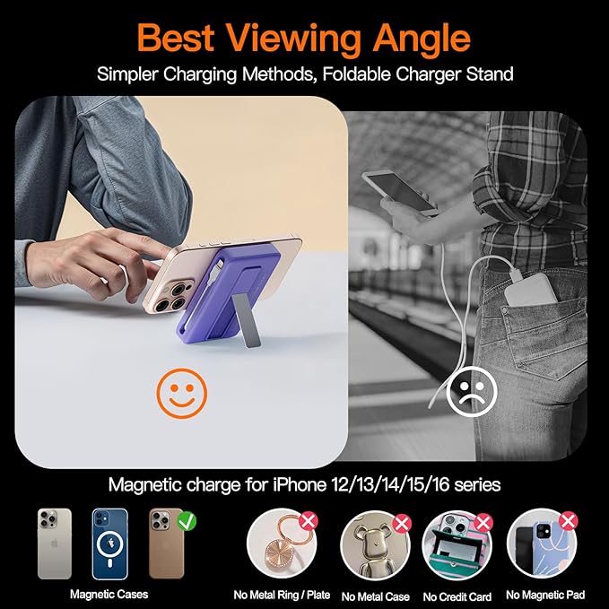 2025 Magnetic Battery Pack 16800mAh Mobile Power Bank, Portable Charger with Foldable Stand and Built-in Cable, 20W USB-C Fast Charging, Suitable for iPhone 17/16/15/14/13/12 Series