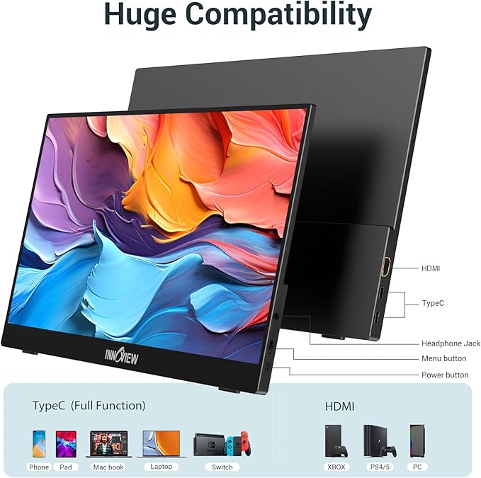 InnoView Portable Monitor, 15.6 Inch FHD 1080P HDMI USB C Second External Monitor for Laptop, Desktop, MacBook, Phones, Tablet, PS5/4, Xbox, Switch, Built-in Speaker with Protective Case