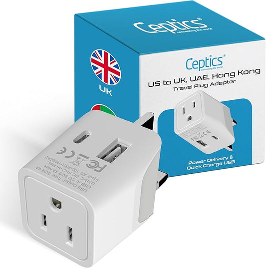 Ceptics UK adapters for travel to London, Hong Kong, Ireland - USB-A + USB-C & USA Input - Type G Adapter Grounded - Ideal for Phone, Laptop, Cameras