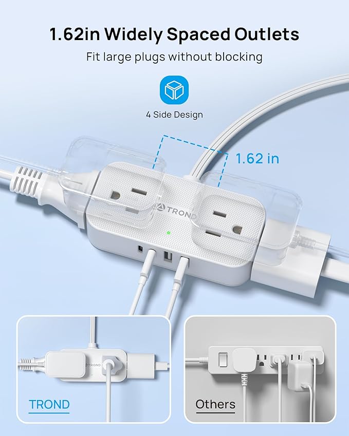 TROND Flat Plug Power Strip 3FT, Small Flat Extension Cord with Multiple Outlets, 4 AC and 4 USB Ports (2 USB C), Wall Mount 900J Surge Protector for Home Office Travel Dorm Room Essentials, White