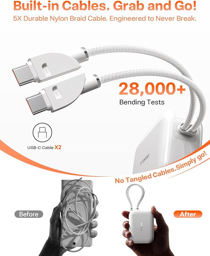 TORRAS 10000mah Portable Charger Power Bank 45W Fast Charging [Daily Use & Travel Essential] Built in Cable USB C, Phone Battery Pack Powerbank for iPhone 17 16 15, Samsung S25, S24, Google Piexl etc