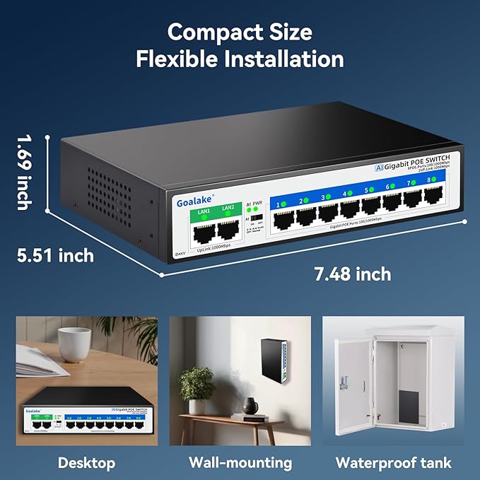 8 Port Gigabit PoE Switch with 2*1000Mbps Uplink, Unmanaged 10 Port Gigabit POE Switch Compatible with IEEE 802.3af/at Devices@120W, AI PoE Auto Recovery&Extend, Vlan, Metal Pluy&Play