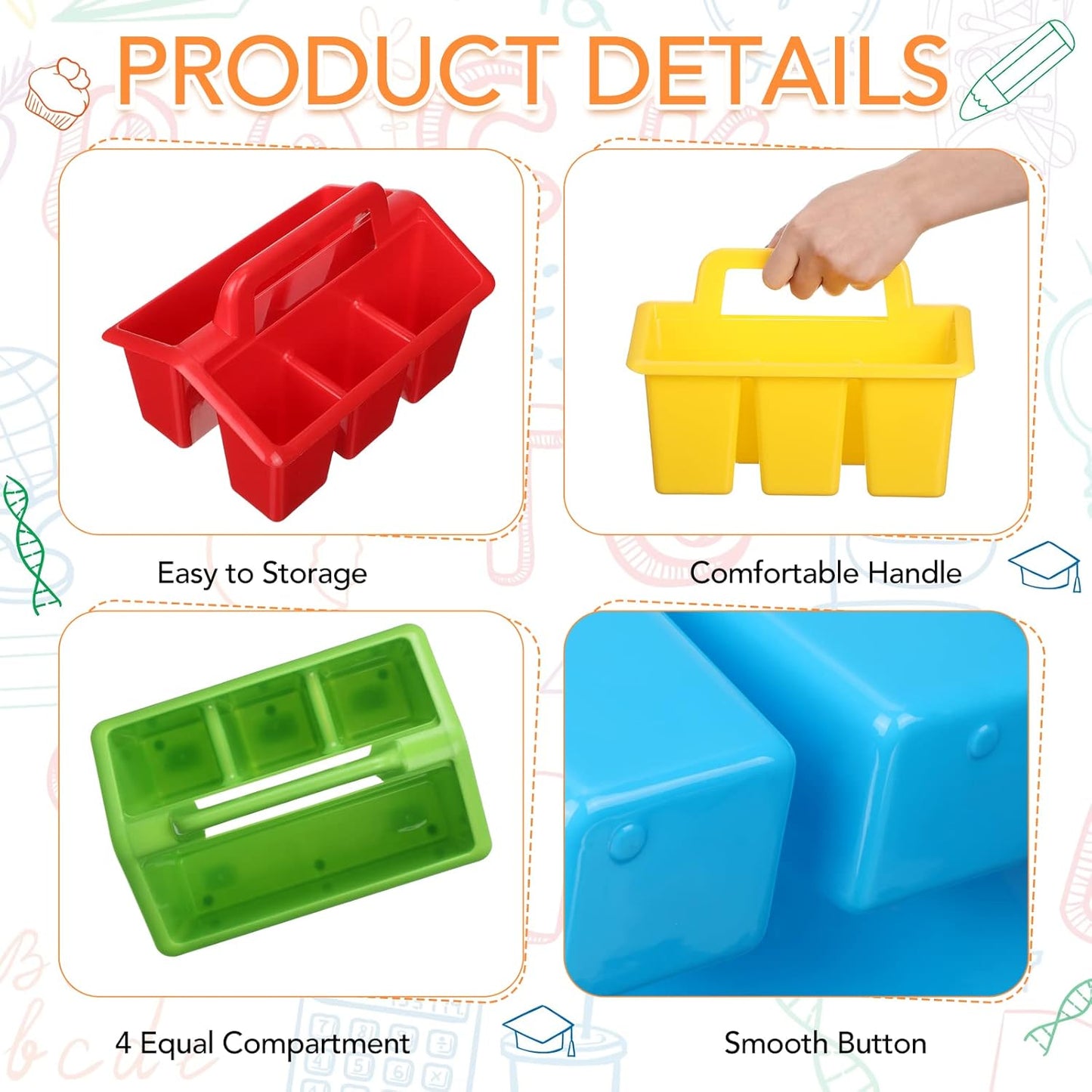 WILLBOND 18 Pcs Classroom Storage Caddies Stackable Utility Caddies with 4 Compartment Plastic Caddy with Handle Portable Classroom Storage Bins Organizers for Kindergarten Schools Art Craft Supplies