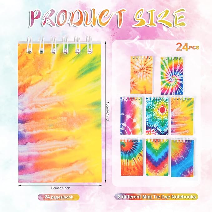 OZIO 96PCS Mini Tie Dye Notepads Tie Dye Party Favors Art Party Spiral Pocket Notebooks Fun Coil Mini Notepads for Kids Teacher Classroom Supplies Bag Fillers Birthday Party Favors, 8 Style (96)