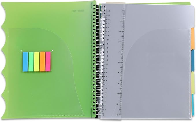 Mintra Office Durable Premium Spiral Notebook, ((Green, 5 Subject, 8.5in x 11in)), Fabric Covered Coils, No Snags, Removable Adjustable Pocket Dividers, Ruler, Organization, Customizable