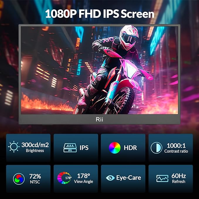 Rii Portable Monitor, 15.6” 1080P FHD USB-C HDMI, Ultra-Slim IPS HDR Display with Cover and Built-in Speaker, Travel Monitor for Laptop/PC/Phone/Mac/Xbox/Switch/PS4/PS5, VESA Mountable