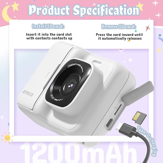 Kids Camera, 1080P Instant Digital Print Camera for Kids, Christmas Birthday Gifts for 4 5 6 7 8 9 10 Year Old Girls Boys, Portable Toy with 32GB SD Card & 3 Rolls Printing Paper, 1 Count, White