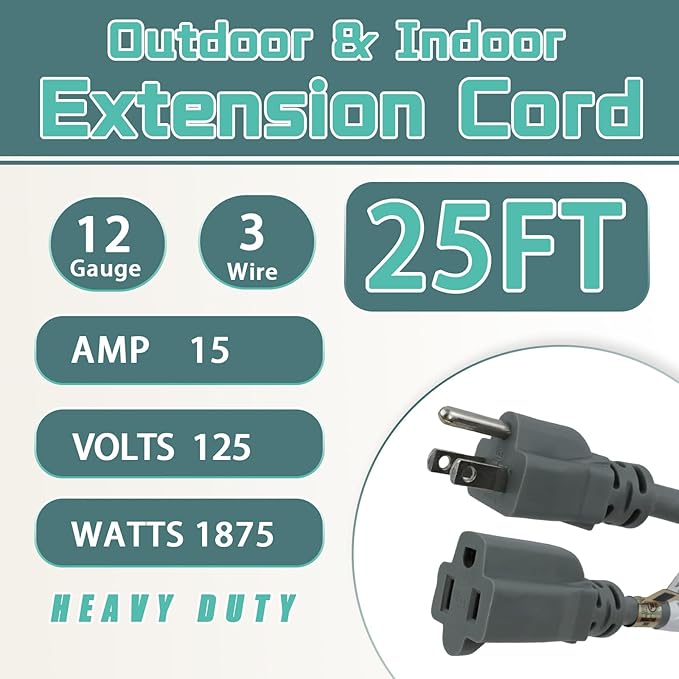 25 Ft Outdoor Extension Cord - 12/3 SJTW Heavy Duty Grey Extension Cable with 3 Prong Grounded Plug - Power Cord for Lawn, Garden, Appliances