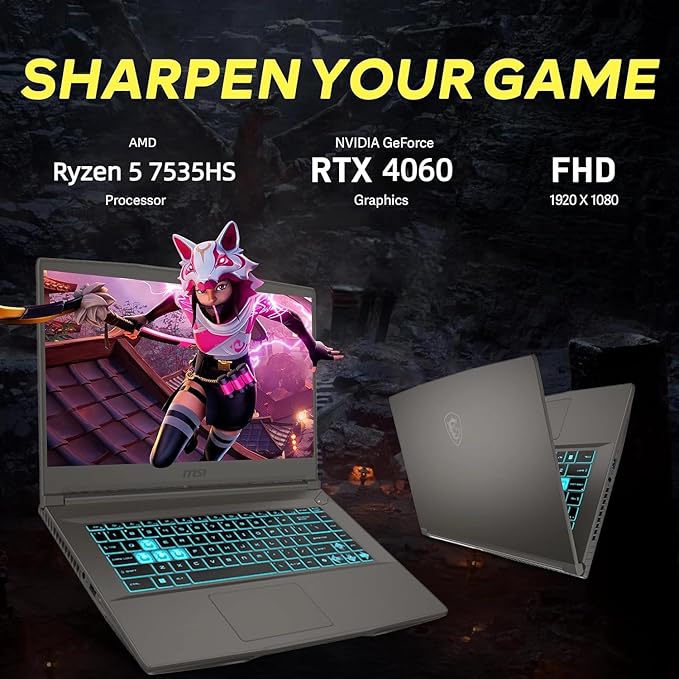 MSI Thin 15.6 inch 144Hz FHD Thin Bezel IPS Gaming Laptop, AMD Ryzen 5 7535HS, NVIDIA GeForce RTX 4060 -Window 11 PRO, w/HDMI Cable (2025) (64GB RAM | 2TB PCIe SSD)