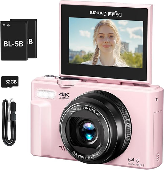 4K Digital Camera for Photography, 64MP Vlogging Camera for YouTube with 3" 180° Flip Screen, 18X Digital Zoom Point and Shoot Camara with 32GB Micro SD Card for Beginner (Pink)