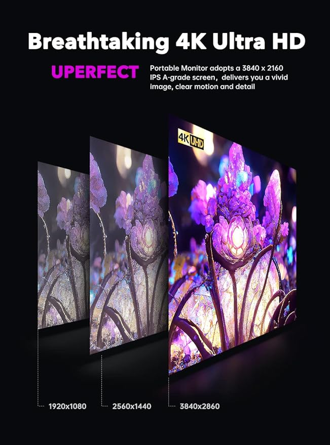 UPERFECT 17.3'' 4K Portable Monitor QLED, 500 Nits 100% DCI-P3 UHD FreeSync HDR 2 Speakers Eye Care Travel Monitor, 2 Fully Functional Type-C Port & HDMI for Laptop PC Phone, VESA & Kickstand