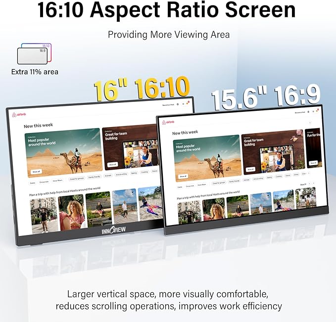 InnoView 16-inch FHD Portable Monitor 180Hz Built-in Speakers and 90°Adjustable Stand,100% sRGB IPS Laptop Screen Extender | 2 x Type-C & HDMI Portable Monitor Plug & Play for Macbook/Switch/PS5/Xbox
