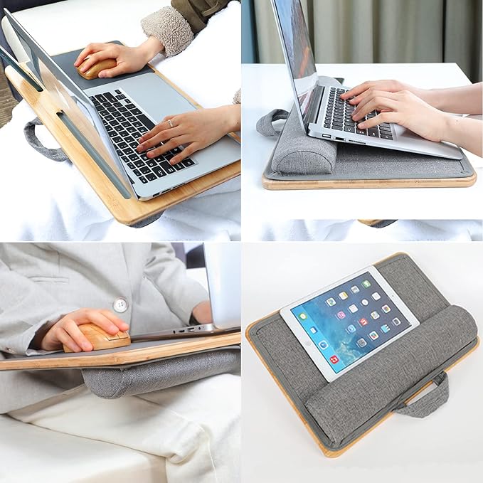 SUMISKY Laptop Lap Desk with Cushion Protable LapDesk with Handle Tablet Support Phone Holder and Mouse Pad Oversized Bamboo Laptop Stand for Sofa Fits Up to 17 Inches