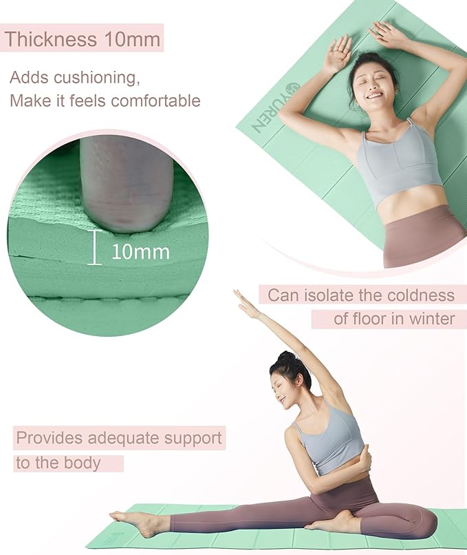 Foldable Yoga Mat 10mm Thick Wide Exercise Mat Non Slip Workout Mat for Home Gym, Travel, with Yoga Carrying Bag