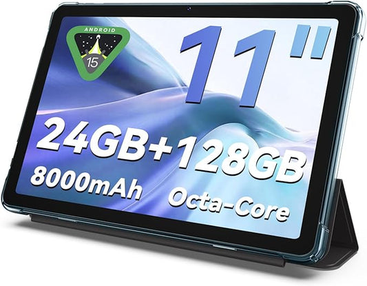 Tablet 11 inch Android 15 Tablets, 24GB RAM + 128 Storage(Expandable up to 2TB), Android Tablet with Case, Octa-Core, IPS HD Display, 13 MP Dual Camera, 8000mAh, 5GWiFi, GPS, Bluetooth 5.0 (Blue)