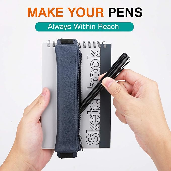 MoKo Pencil Case (2 Pack), PU Leather Pen Pencil Pouch Holder Stationery Zipper Bag with Elastic Strap for Pens, Pencils, Markers, Eraser - GoldPink & Dark Blue