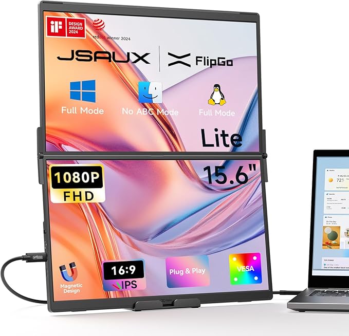 JSAUX FlipGo Lite 15.6" Portable Dual Stacked Monitor, 1080P FHD IPS Laptop Screen Extender One Cable for Triple Monitor Setup (For Windows&Linux) with Magnetic Design, Built-in Hub,No Driver Required