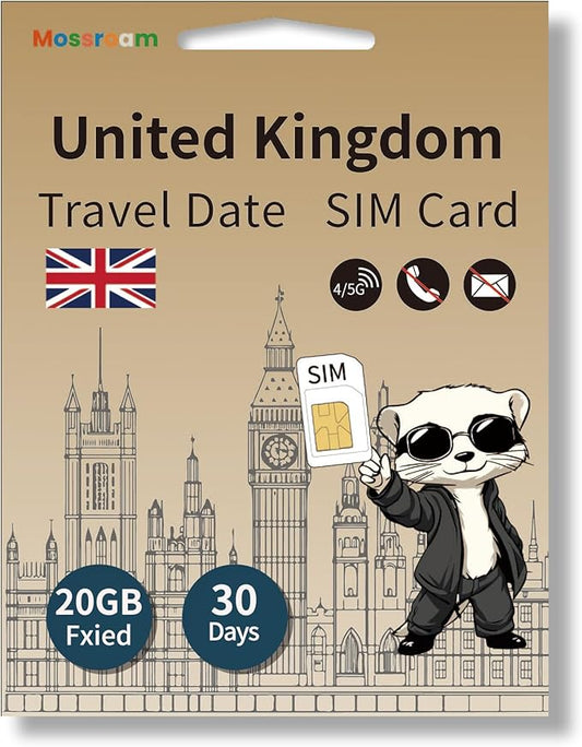 Great Britain（The UK） SIM Card – Prepaid Data Plans | 20GB Fixed,15 Days | High-Speed 4/5G LTE | No Daily Restrictions | for Tourists & Business Travelers