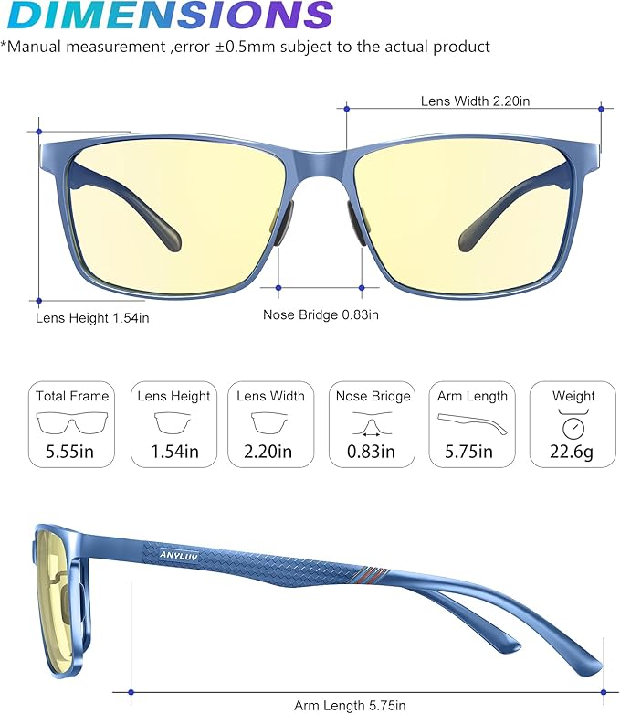 ANYLUV Blue Light Glasses Men, Relieve Eyestrain and Eye Protection, Al-Mg Metal Computer Blue Light Blocking Glasses