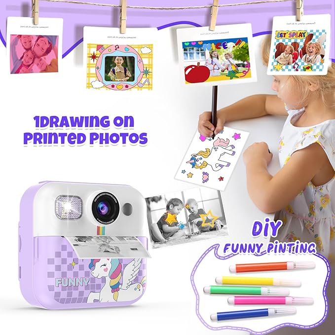 Kids Instant Print Camera, 1080P Children Printable Cameras Christmas Birthday Gifts for Girls Age 3-10, Toddler Toys for 3 4 5 6 7 8 9 10 Year Old Boys with 3 Roller Photo Paper (Purple)