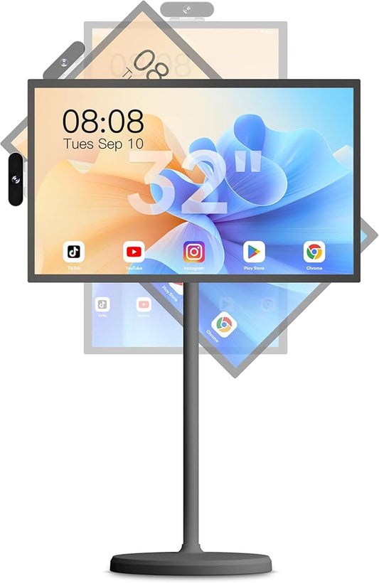 Cozyla Mate 32 Inch Mobile Portable TV Stand on Wheels Support Google Store Full Swivel Rotation Portable Touch Screen Monitor Built-in Battery Smart Rolling Tablet TV 4K Camera Remote Control Black