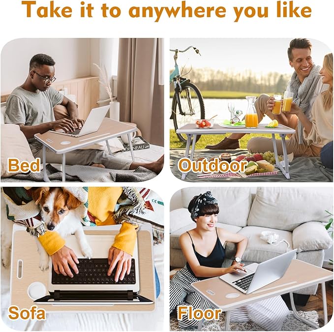 Amaredom Laptop Bed Desk Tray Bed Table, Foldable Portable Lap Desk Notebook Stand Reading Holder with Storage Drawer and Cup Holder for Eating Breakfast on Bed/Couch/Sofa-White Oak