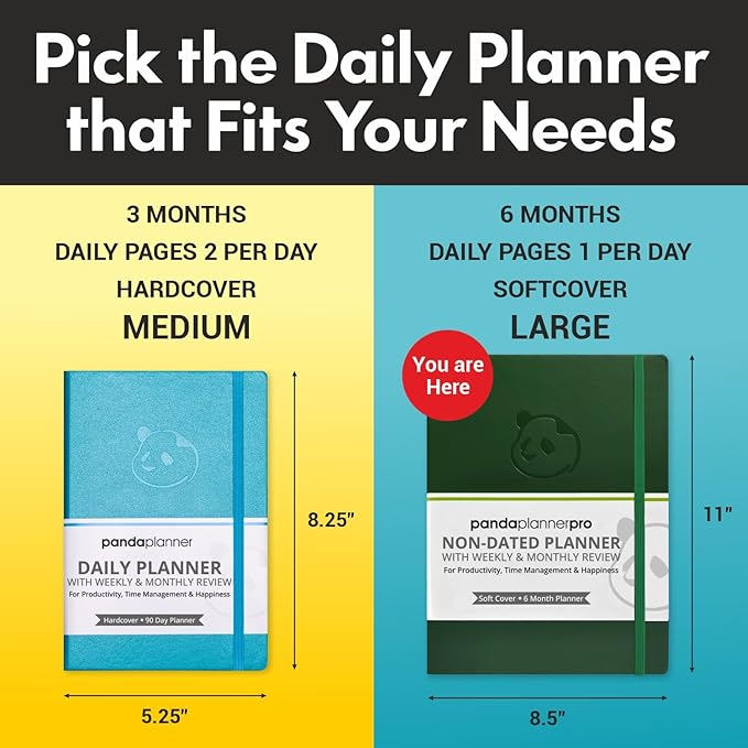 Panda Planner Pro A4 Daily Planner 2026 – 6 Month Undated Daily Productivity Planner with Large 8.5x11 Layouts, Weekly & Monthly Calendar Planner, Goal Tracker, Habit Tracker & Time Management Organizer – Dark Green