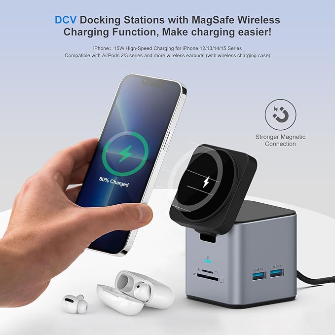 USB C Laptop Docking Station with MagSafe Charger Stand, 9 in 1 USB C Hub Multiport Adapter with 4K HDMI, 1Gbps Ethernet, 3 USB 3.0, SD/TF, Compatible with MacBook/Dell/HP/Lenovo/iPhone (Silver Gray)