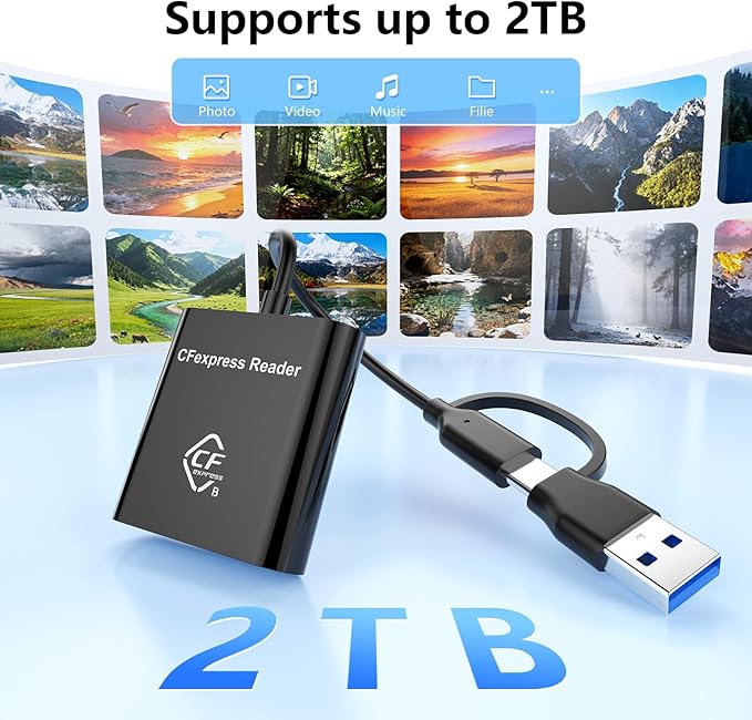CFexpress Type B Card Reader with USB 3.2 (Gen 2) 10Gbps, USB-C&USB-A 2-in-1 Type B CFexpress Adapter, Compatible with Windows/Mac/Linux/Android, for iPhone 17/16/15, Laptops, Tablets, Smartphones