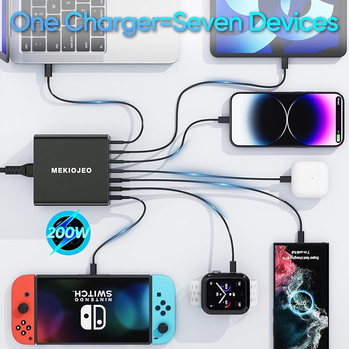 Aluminum Alloy 220W USB C Charger 7 Port Fast Charging Station,65W USB C Laptop Charger Compatible with MacBook Pro/Air (Black)