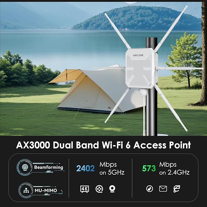 WAVLINK AX3000 WiFi 6 Access Point, Outdoor WiFi Extender Long Range with Dual Band/PoE/IP67 Waterproof/6 x 7dBi Antennas, Supports Up to 256 Devices for Camping, Large Backyard Work with Starlink