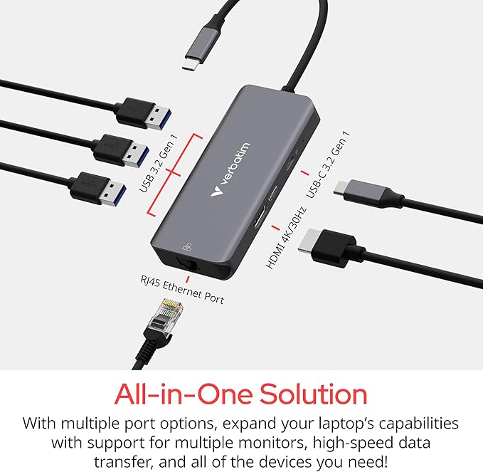 Verbatim USB-C Essentials Multiport Hub– 6 Ports: (3) USB-A 3.0/3.2 Gen 1, (1) USB-C 3.0/3.2 Gen 1, RJ45 Ethernet, 4K HDMI and Up to 100W Power Delivery