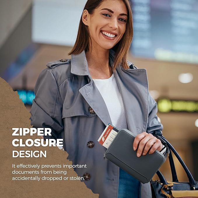 VULKIT Leather Passport Holder for 4-8 Passports Family Passport Wallet with Zipper Travel Documents Organizer for Men or Women(Navy)