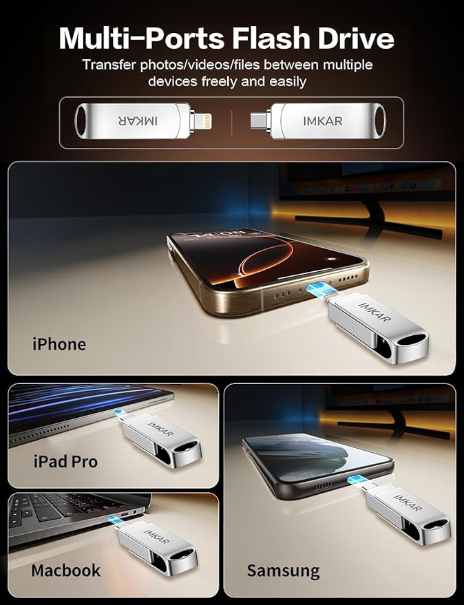 MFi Certified 256GB Flash Drive for iPhone iPad, IMKAR Memory Stick Storage for Photos Videos, Compatible with iPhone iPad Android and PC, Plug and Play No Application Required (Metal Silver)