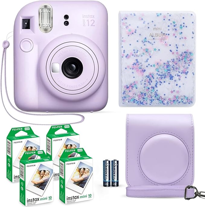 Fujifilm Instax Mini 12 Instant Camera Lilac Purple + Fuji Film Value Pack (40 Sheets) + Shutter Accessories Bundle, Incl. Compatible Carrying Case, Quicksand Beads Photo Album 64 Pockets