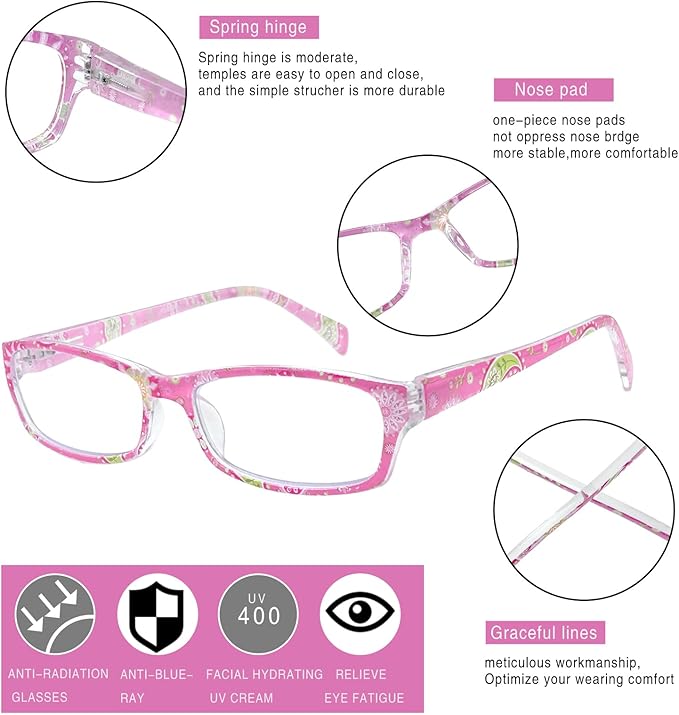 Henotin 6-Pack Reading Glasses Blue Light Blocking Anti Eyestrain Computer Reading Glasses for Women and Men Readers (Mix Color-D, 1.75, Diopters)