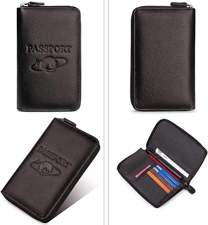 Genuine Leather Travel Passport Wallet RFID Blocking Zip-Around Passport Holder (Coffee)