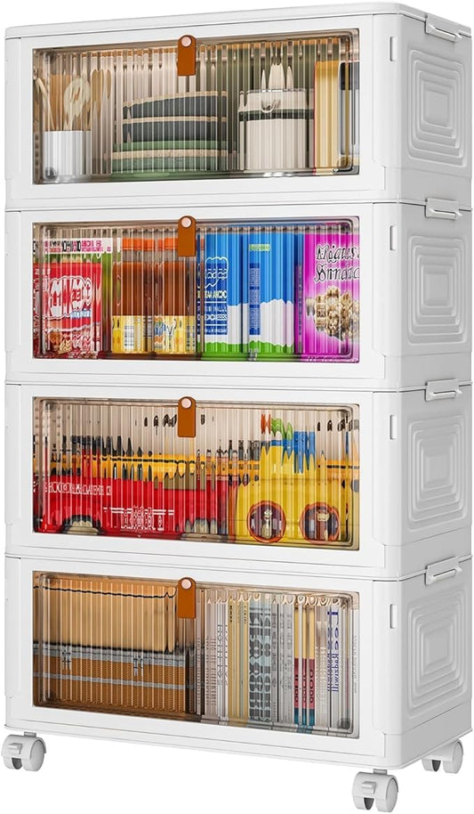 4 Tier Plastic Storage Bins with Lid 23QT, Stackable Storage Containers with Wheels, Folding Boxes, Collapsible Bins, Closet Organizers and for Living Room,Office,Dorm